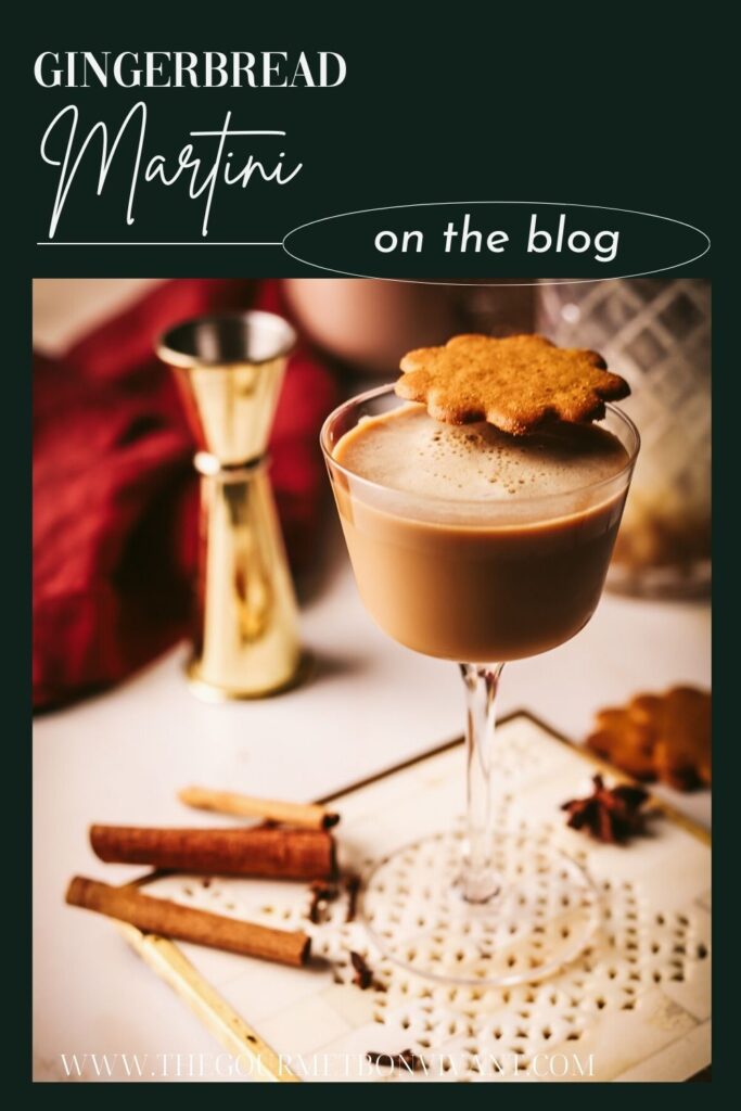 A gingerbread martini with title text.