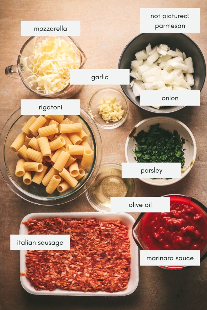 The ingredients for pasta al forno, labeled. 