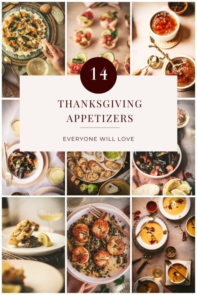 Photo collage of thanksgiving appetizers with title text: 14 Thanksgiving appetizers everyone will love.
