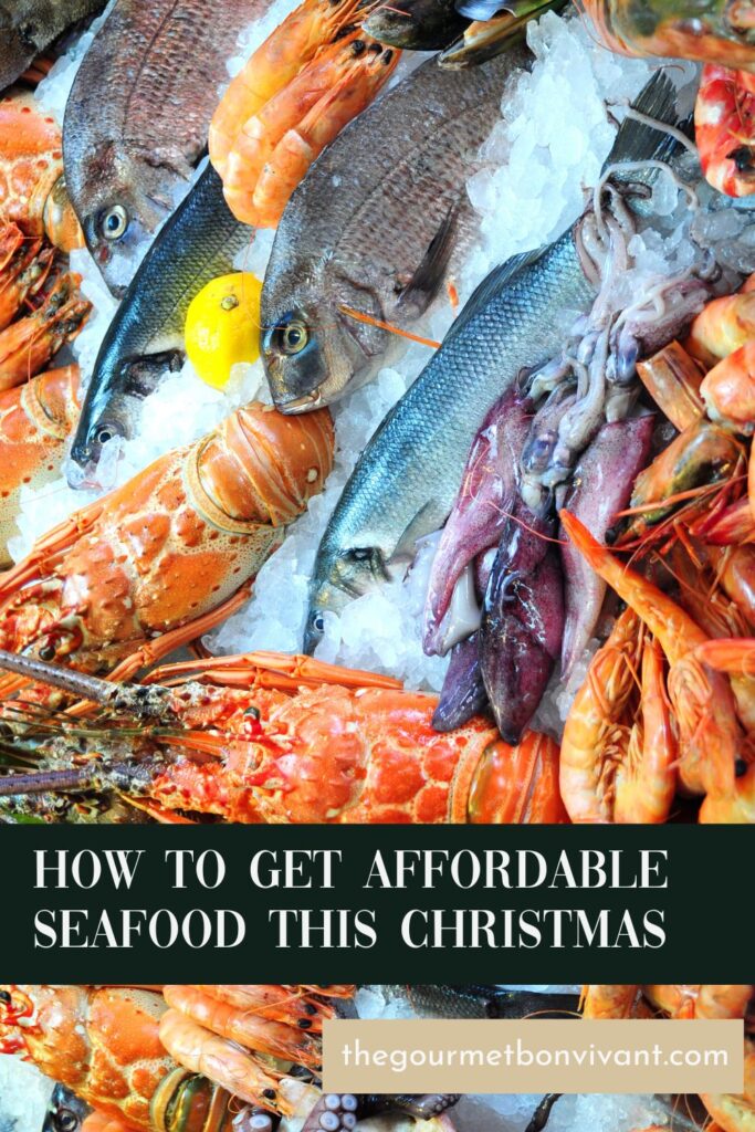 Seafood on ice, with title text: how to get affordable seafood this Christmas.