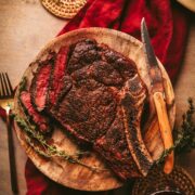 Reverse-seared steak, ribeye, medium-rare cook temperature.