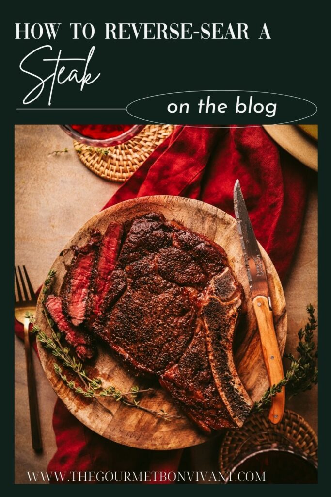 Reverse sear steak with green background and title text.