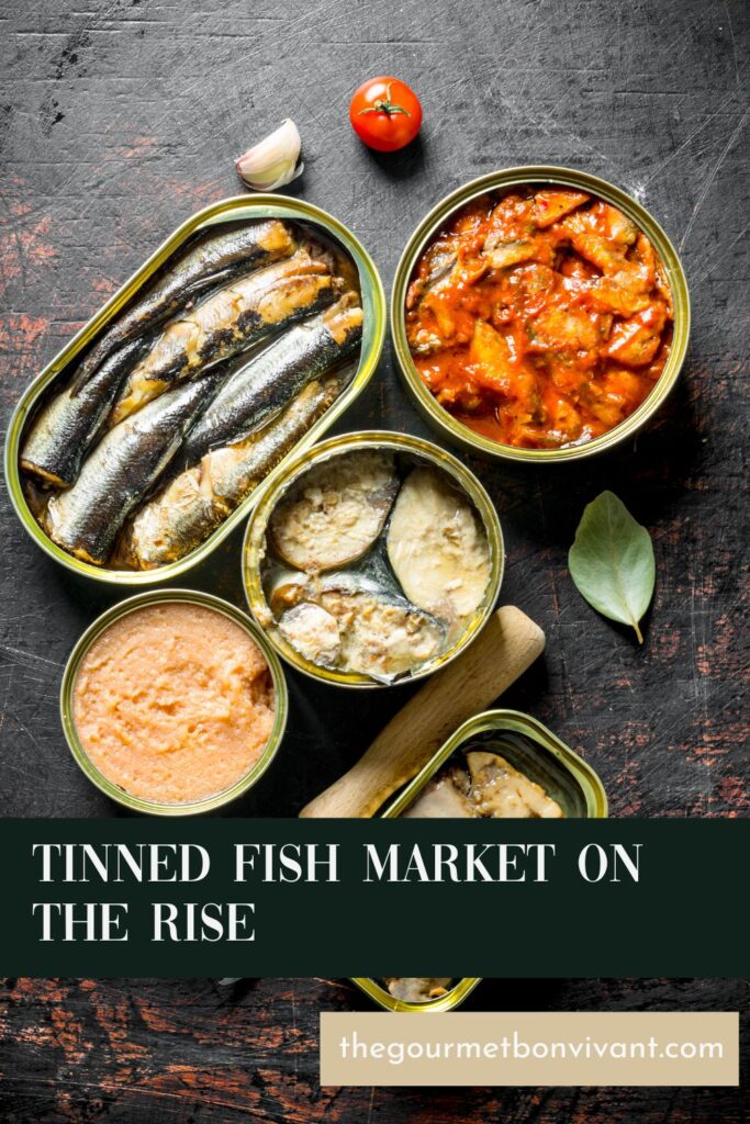Tinned fish in cans with title text.
