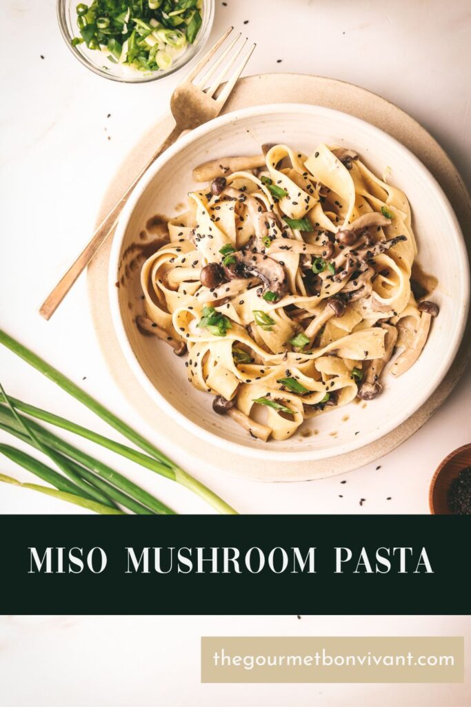 Miso mushroom pasta with title text.