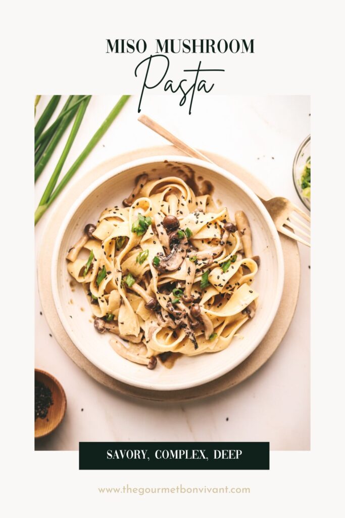 Miso mushroom pasta with a white background and title text.