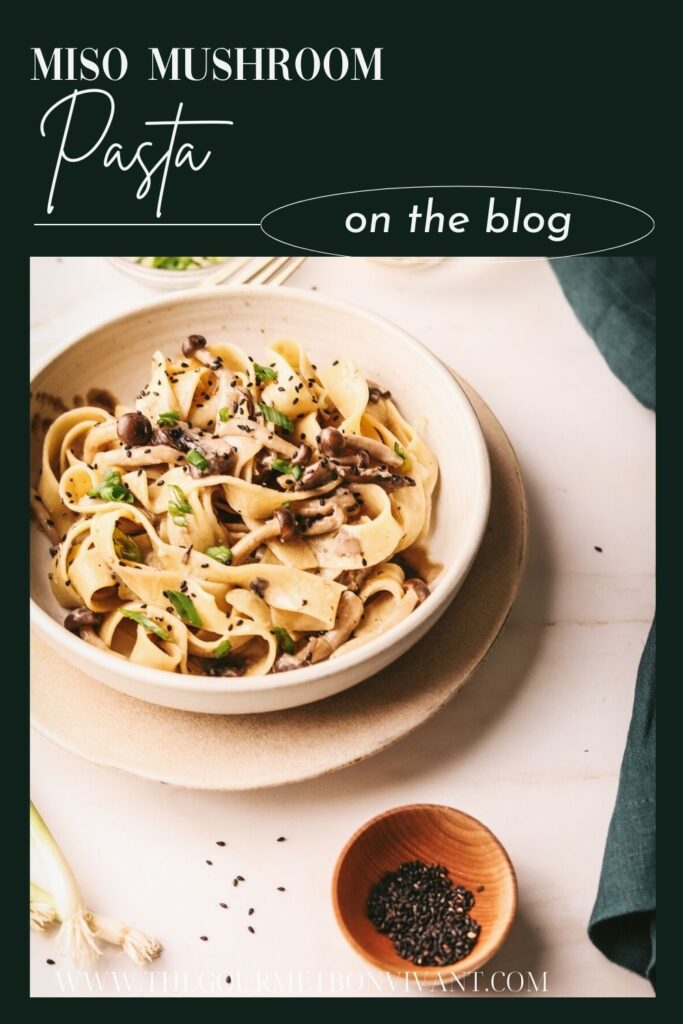 Miso mushroom pasta on a green background with title text.