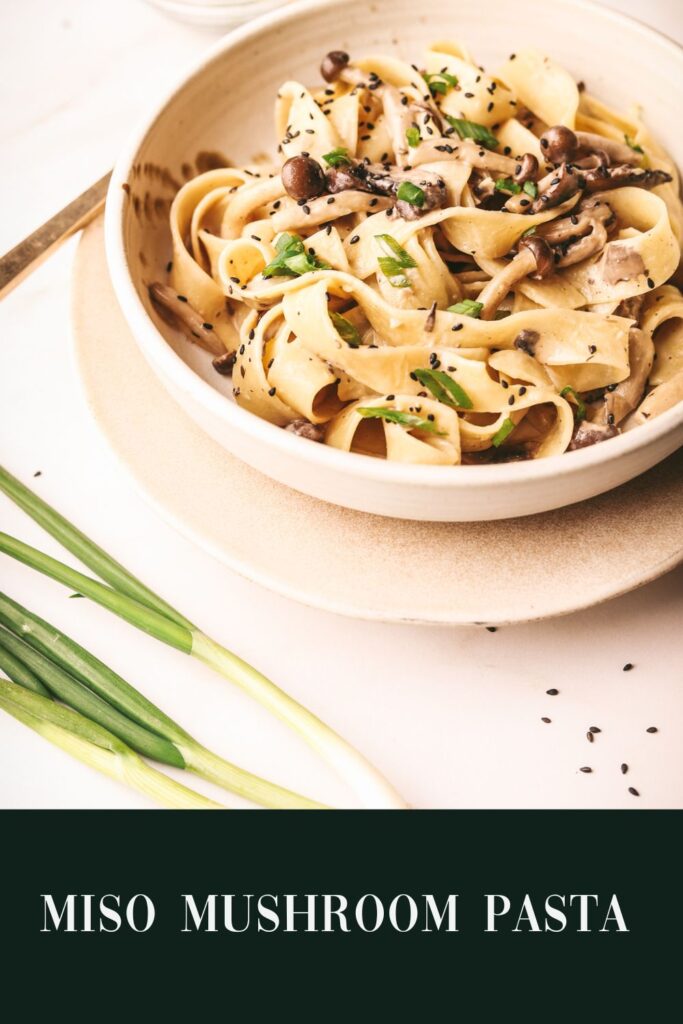 Mushroom pasta with miso and title text.