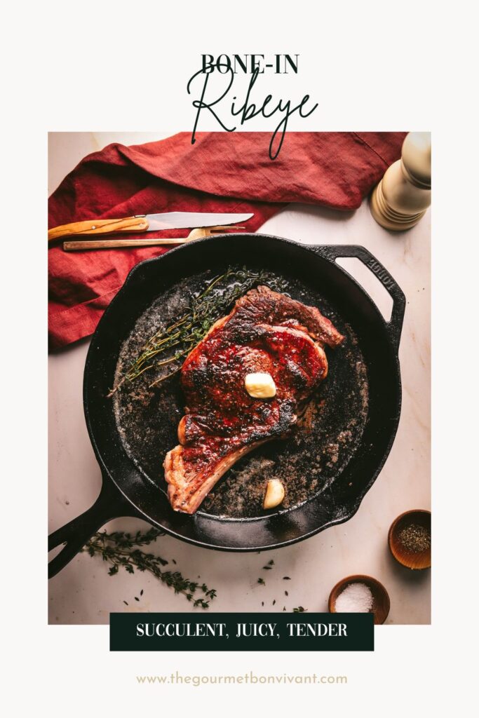 Ribeye steak in a skillet on a white background with title text.