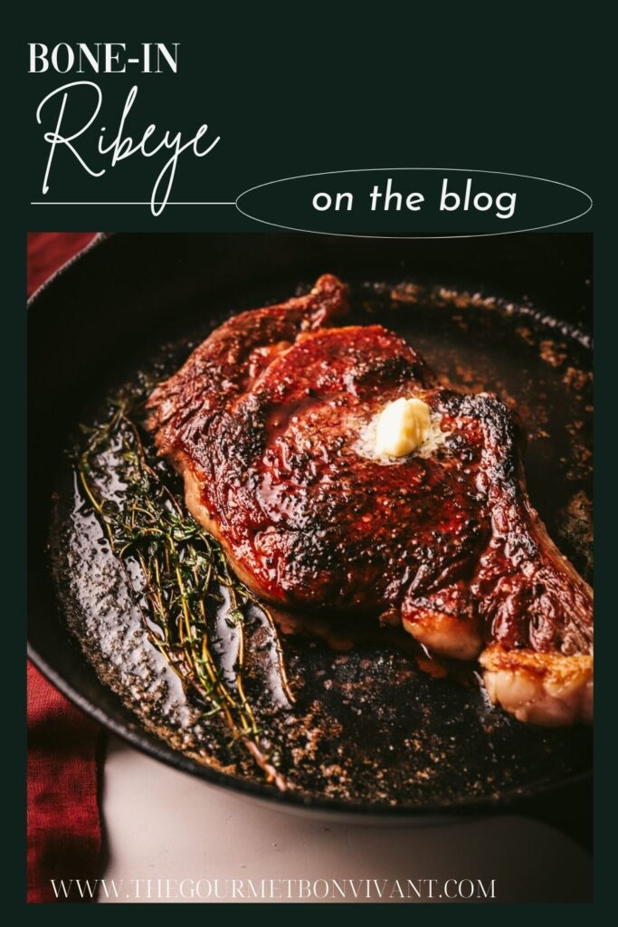 Seared ribeye steak in a pan, with title text.