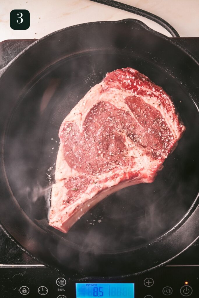 Getting the steak into an oven safe pan in smoking hot temps. 