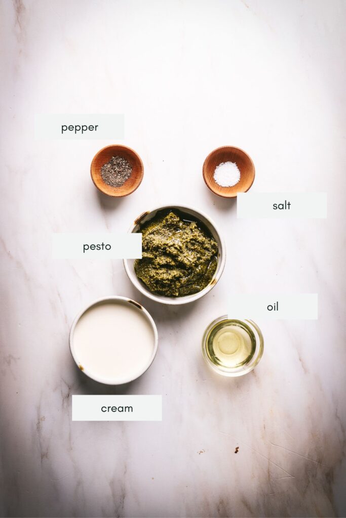 Ingredients for pasta with creamy pesto sauce, labeled. 