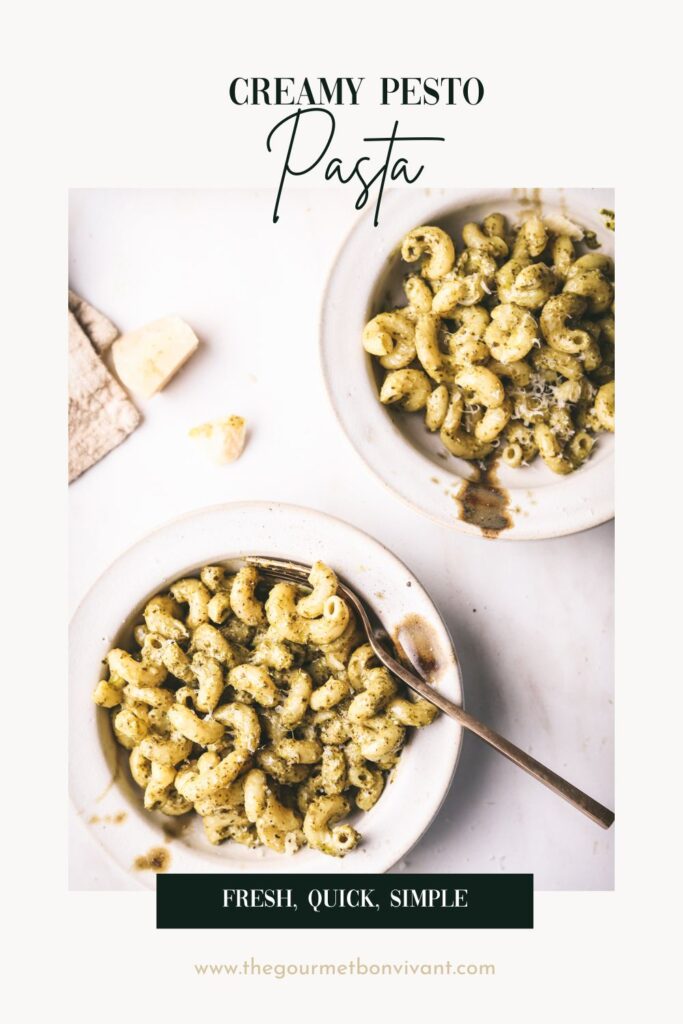 Two bowls of pasta in a creamy pesto sauce on a white background with title text.