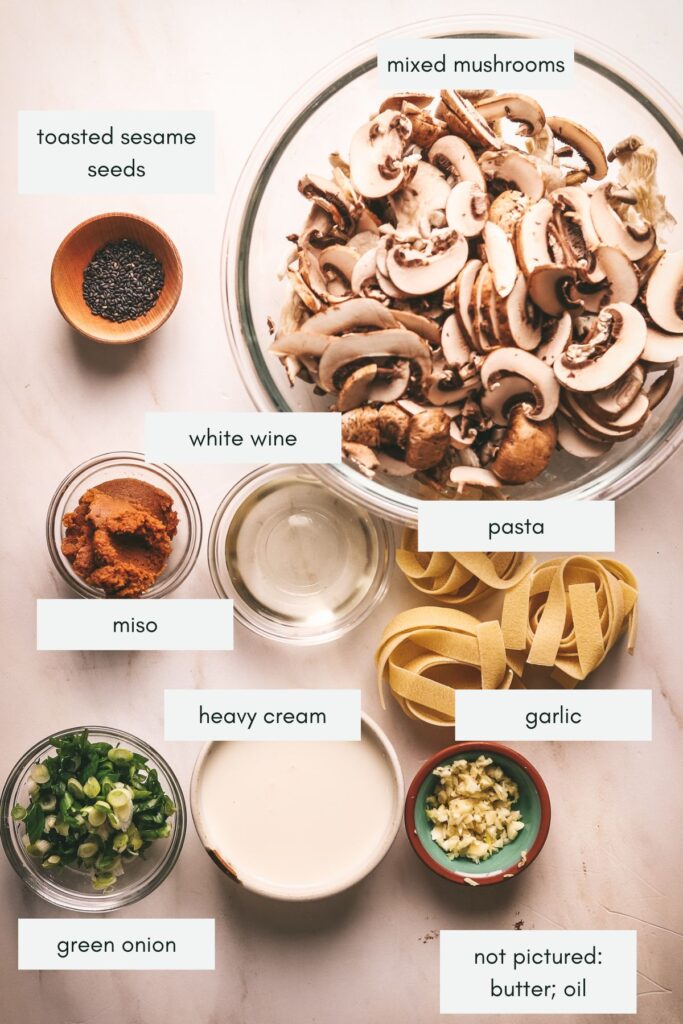 Ingredients for miso mushroom pasta. 