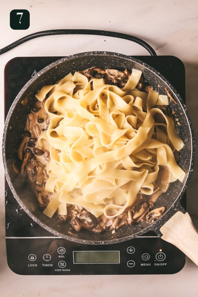 Add the cooked pasta directly to the pan to toss in the sauce. 