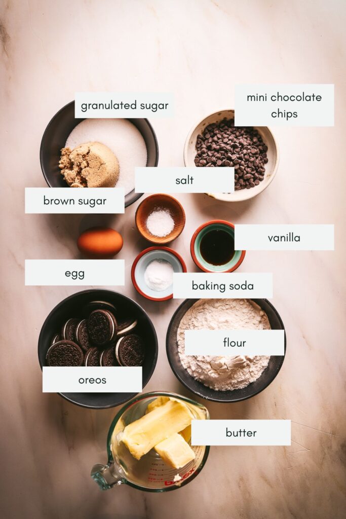 The ingredients for chocolate chip oreo cookies, labeled. 
