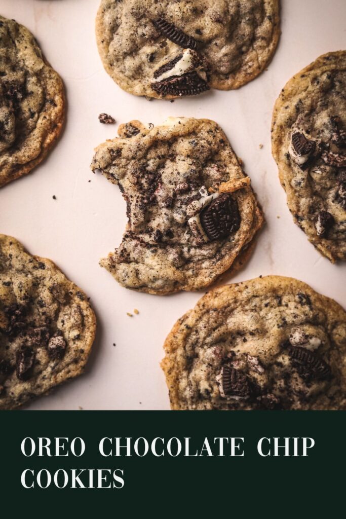 Chocolate chip oreo cookies with green background and title texts.