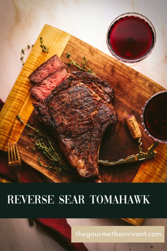 A tomahawk steak with a green title text banner. Meant for pinterest.