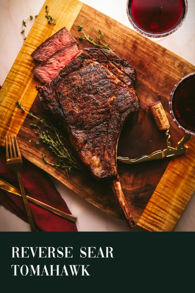 A tomahawk steak with a green title text banner. Meant for pinterest.