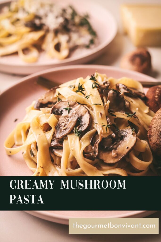 Creamy mushroom pasta with green background and title text.