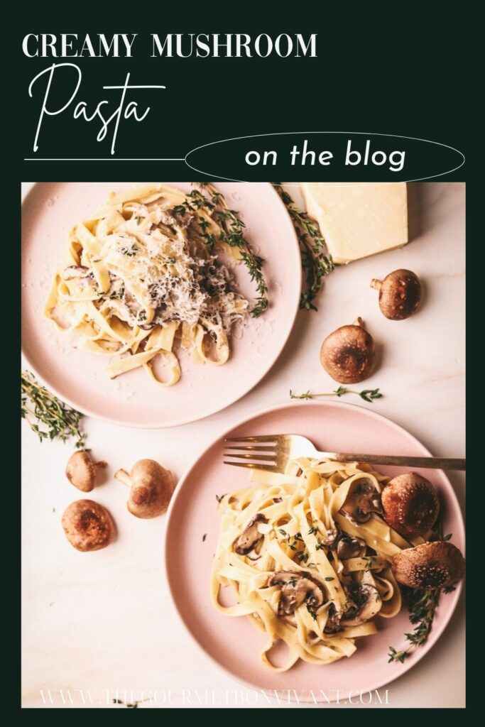 Creamy mushroom pasta with green background and title text.