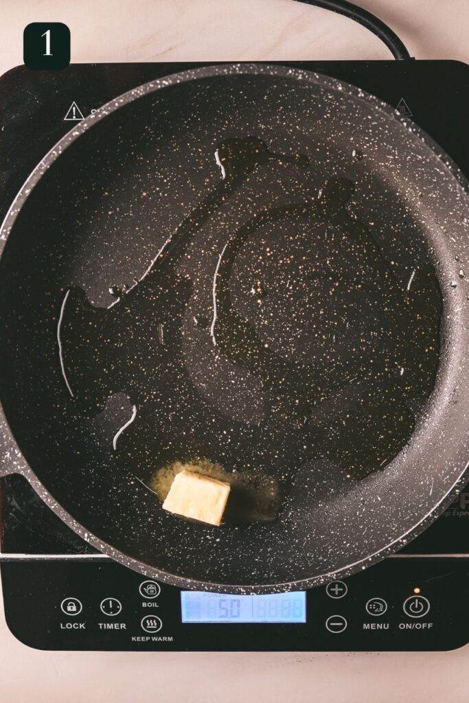 Butter and olive oil heating in a pan. 