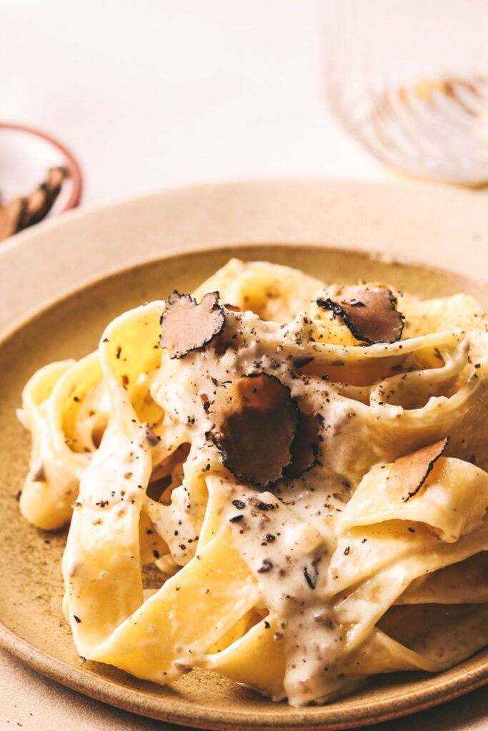 Truffled pasta with shaved truffle and pappardelle pasta. 