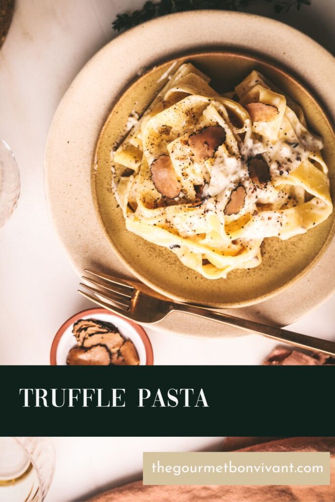A plate of truffle pasta sauce with title text.