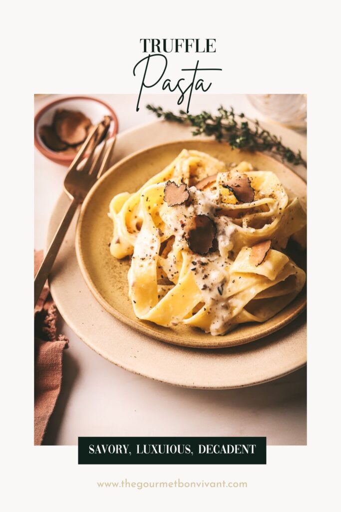 A plate of truffle pasta with cream sauce, on a white background with title text.