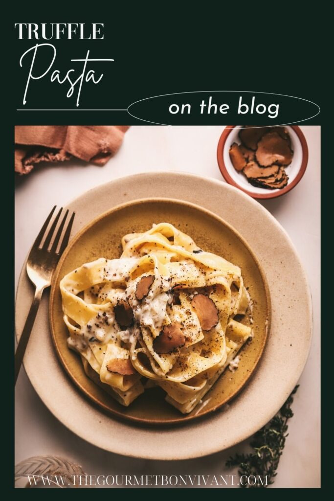 A plate of truffle pasta sauce with title text.