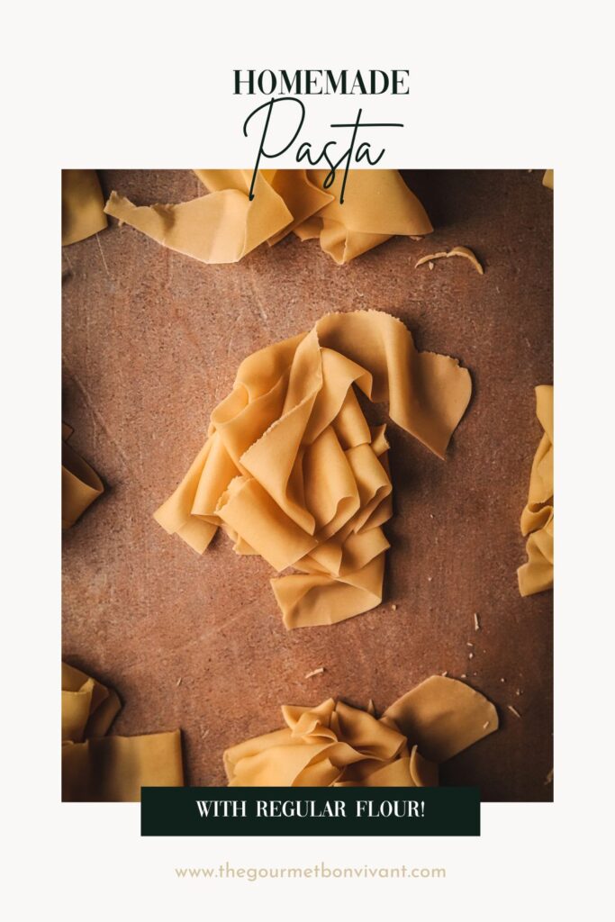 Easy homemade pasta with title text on a white background. Pasta is uncooked.