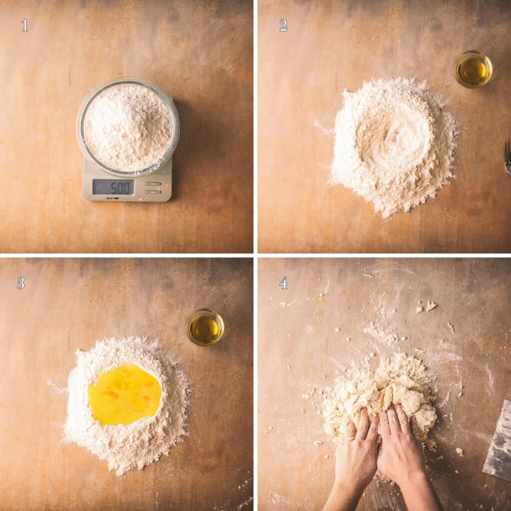 Four photos, corresponding with text steps 1-4. Weighing flour, making a well in flour, adding eggs to the flour, then mixing with hands. 