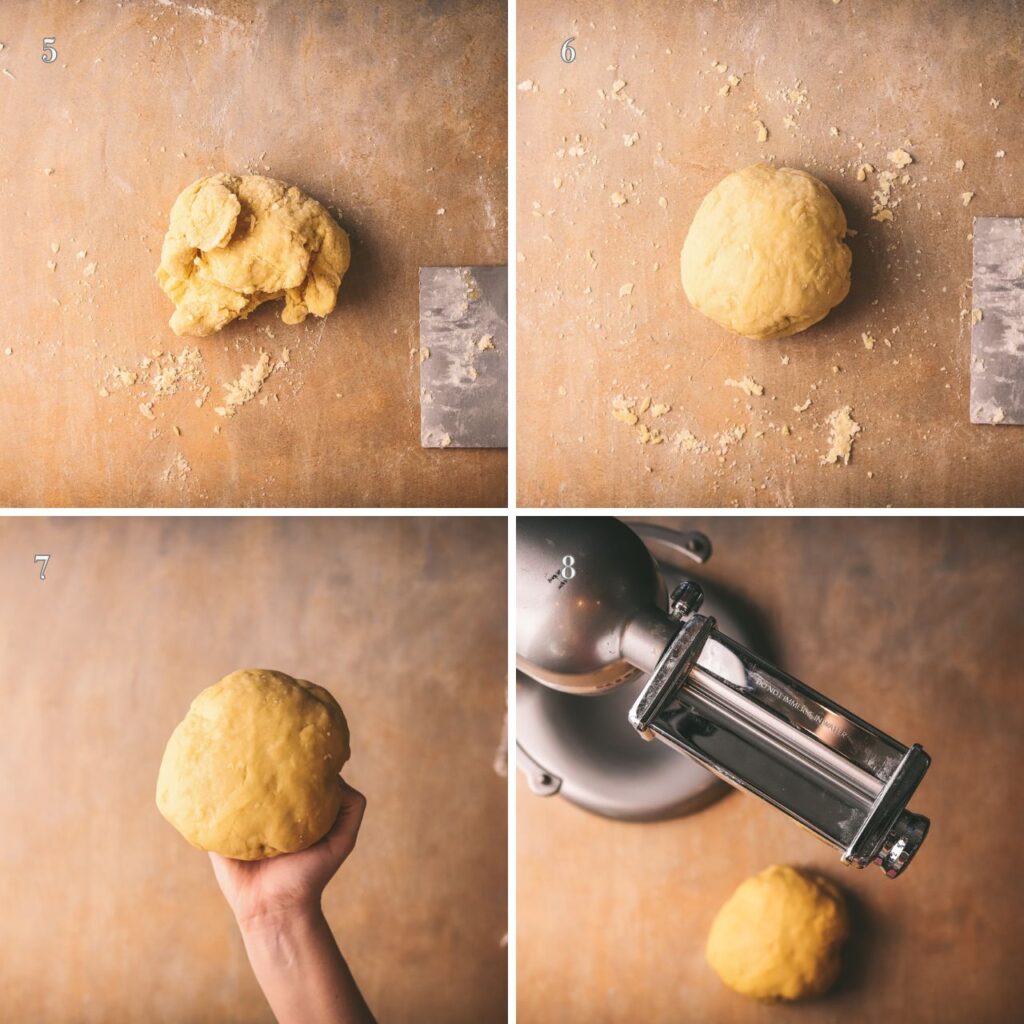 Four photos of making homemade pasta dough, corresponding with text for steps 5-8. 