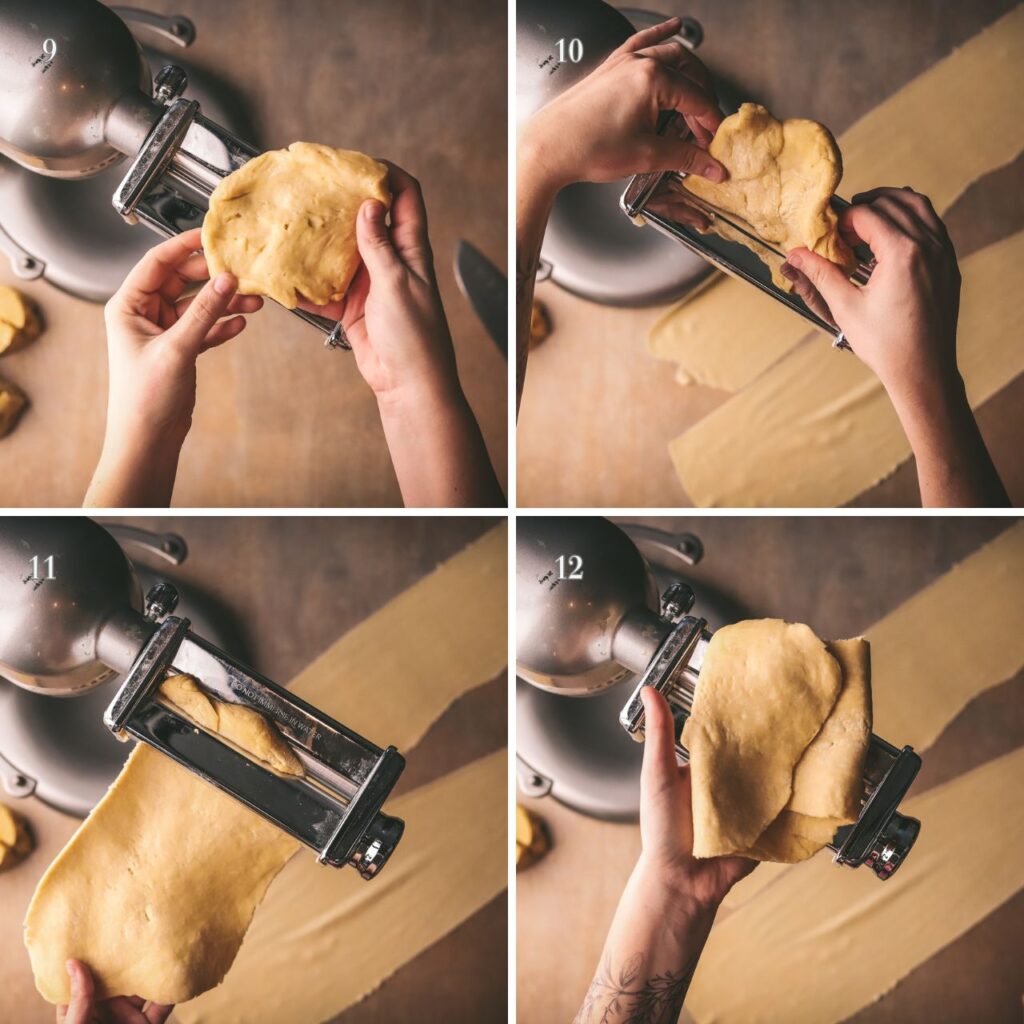 Four photos, flatten the dough into a disc; feed through the roller; fold into thirds and feed through level one again. 