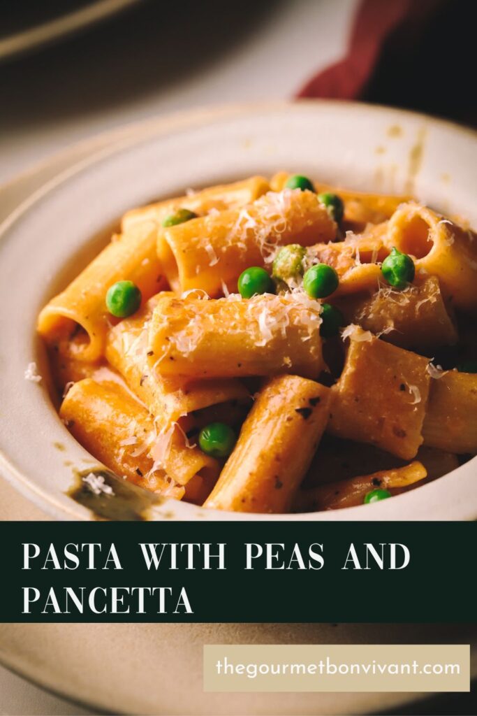 Pasta with pancetta and peas plus title text.