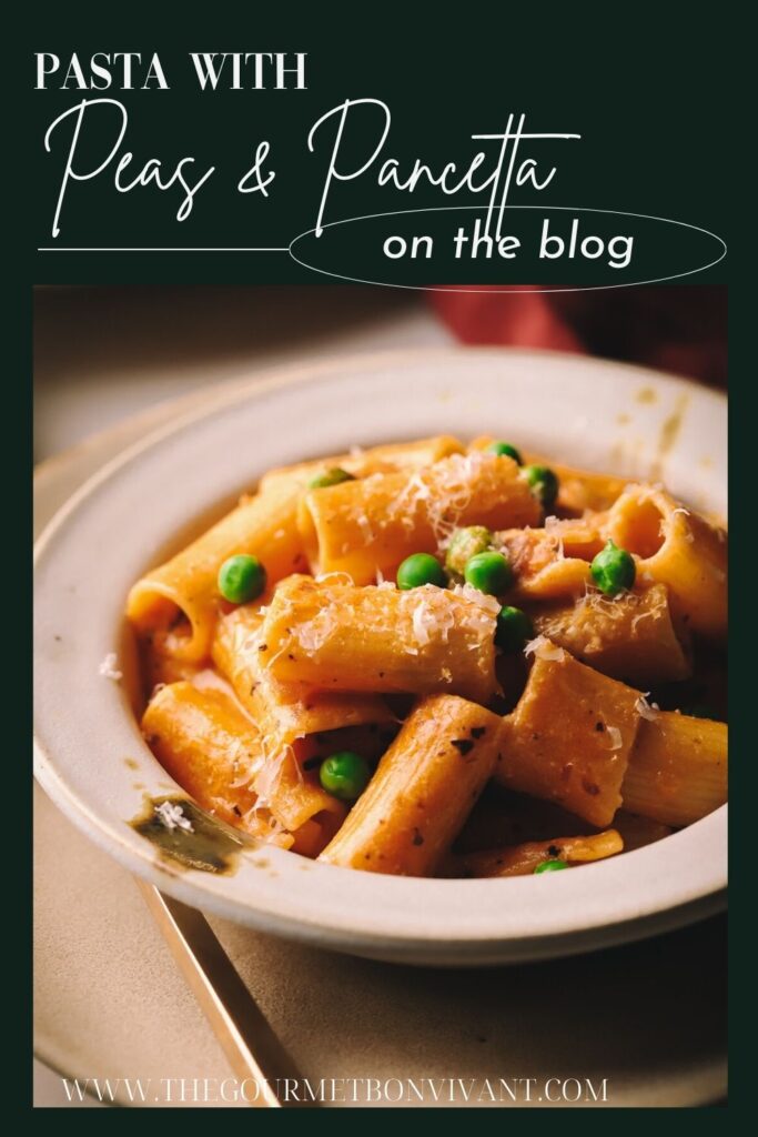 Pasta with pancetta and peas plus title text.