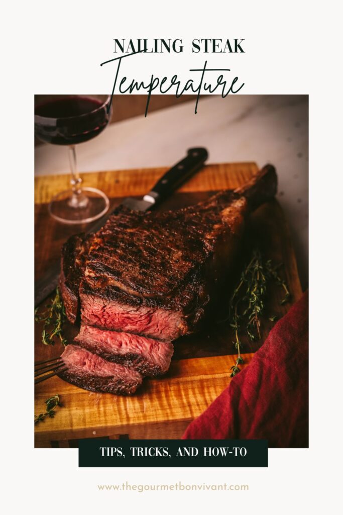 A tomahawk steak with title text of internal steak temperatures.