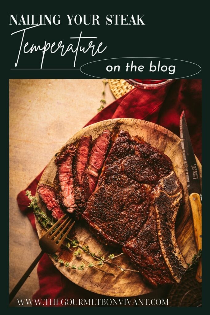 A ribeye steak with title text of internal steak temperatures.