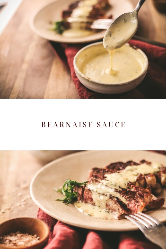 Two separate photos of béarnaise sauce separated by title text.