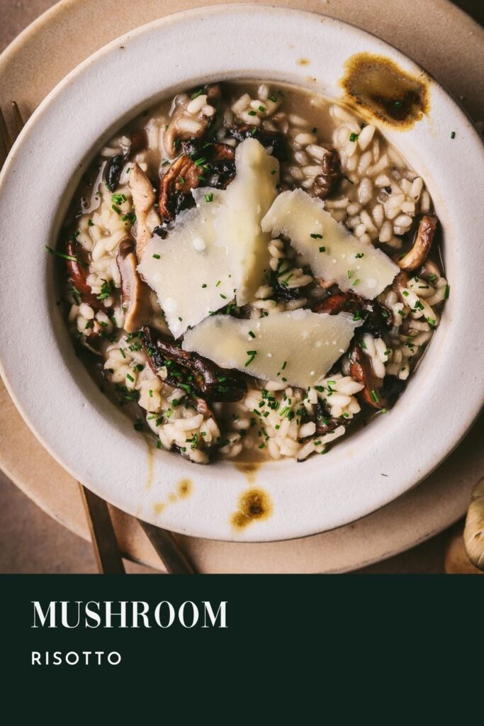 A bowl of mushroom risotto on a dark green background with title text.