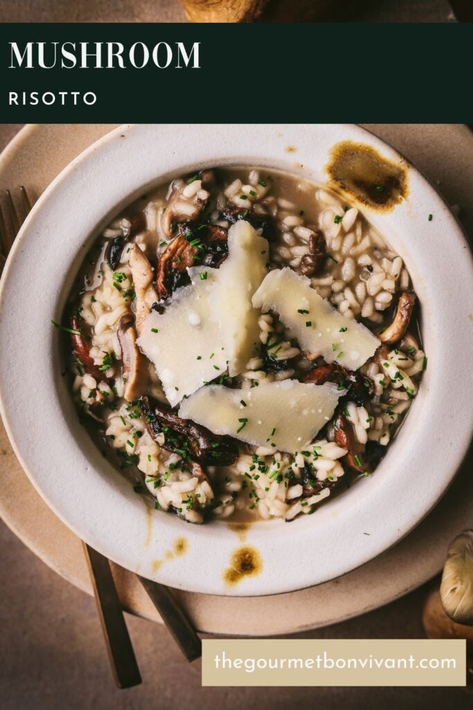 A bowl of mushroom risotto on a dark green background with title text.