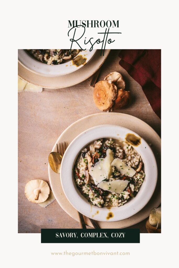 A few bowls of mushroom risotto on a white background with title text.