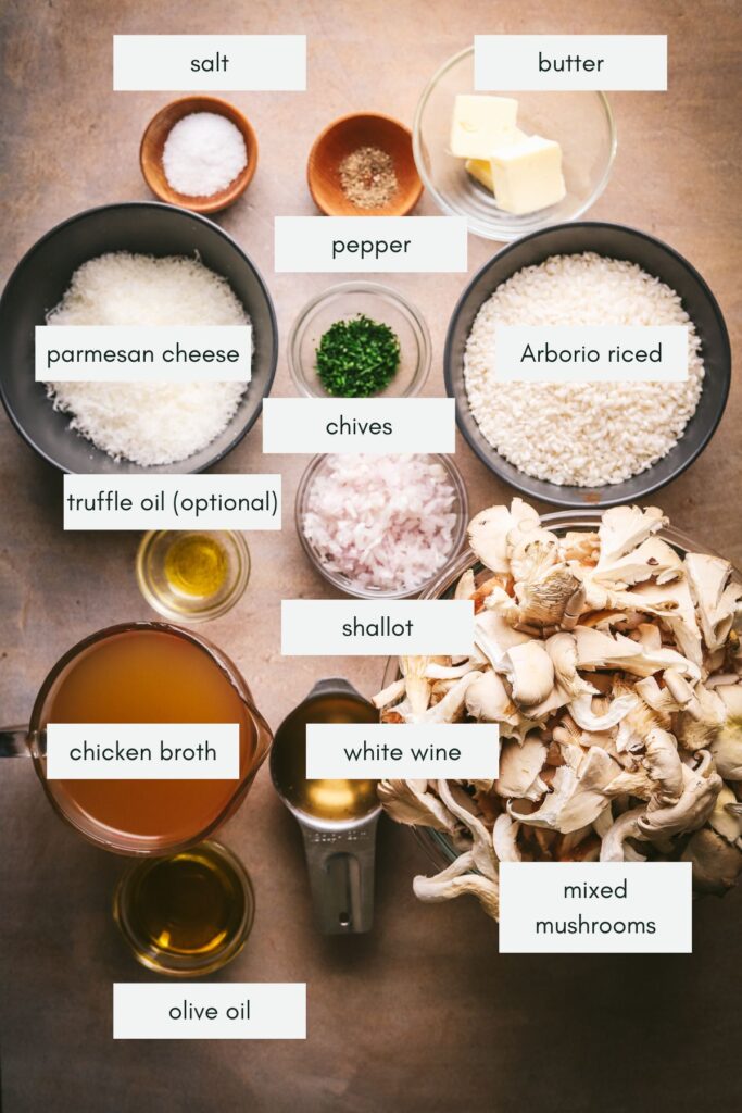 All the ingredients for mushroom risotto, labeled. 