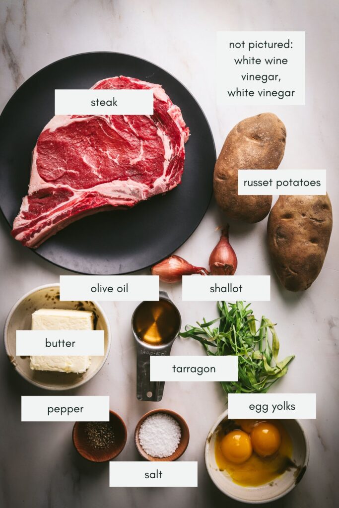 The ingredients for Steak Frites, labeled. 