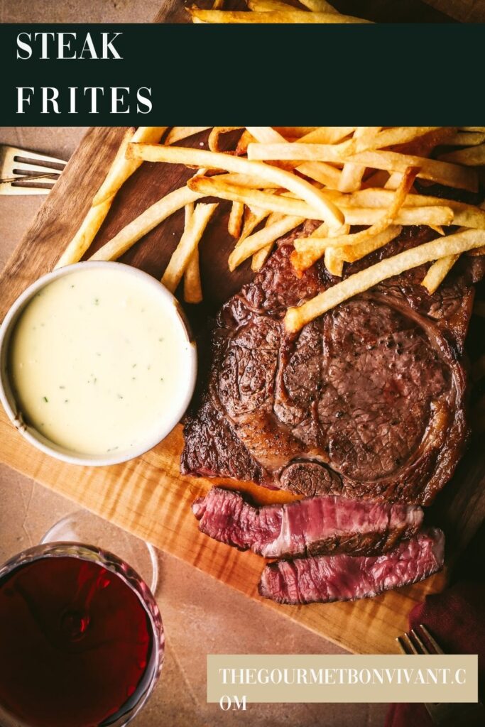 Steak and French fries on a green background with title text.