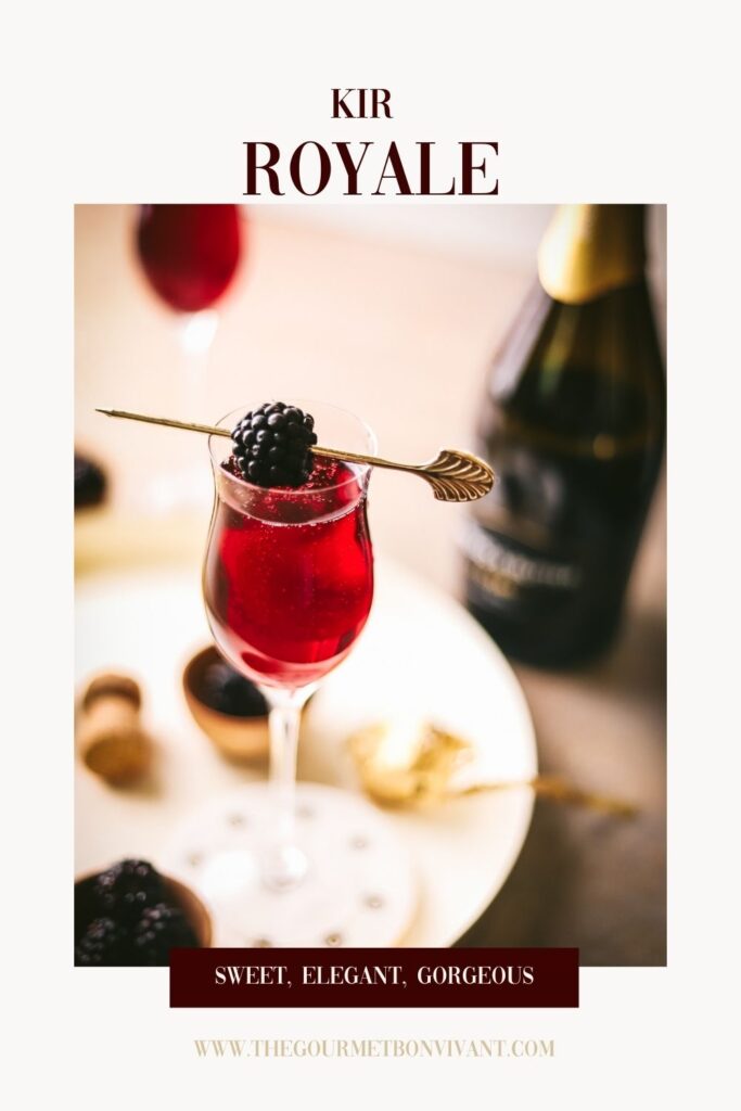 A Kir Royale cocktail on a white background and title text.