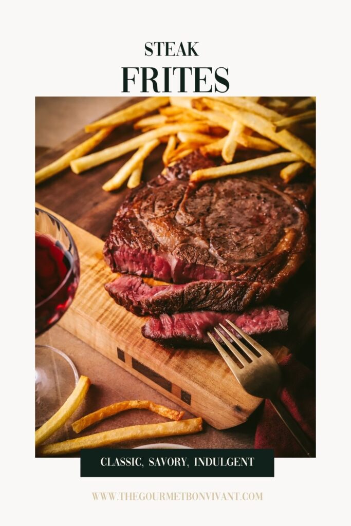 Steak frites with red wine and a gold fork. White background with title text.