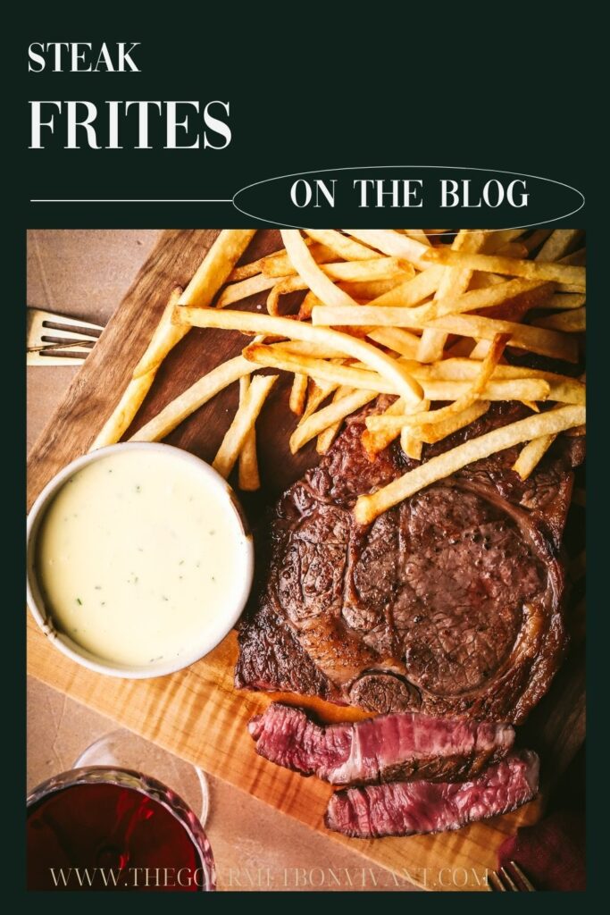 Steak and French fries on a green background with title text.