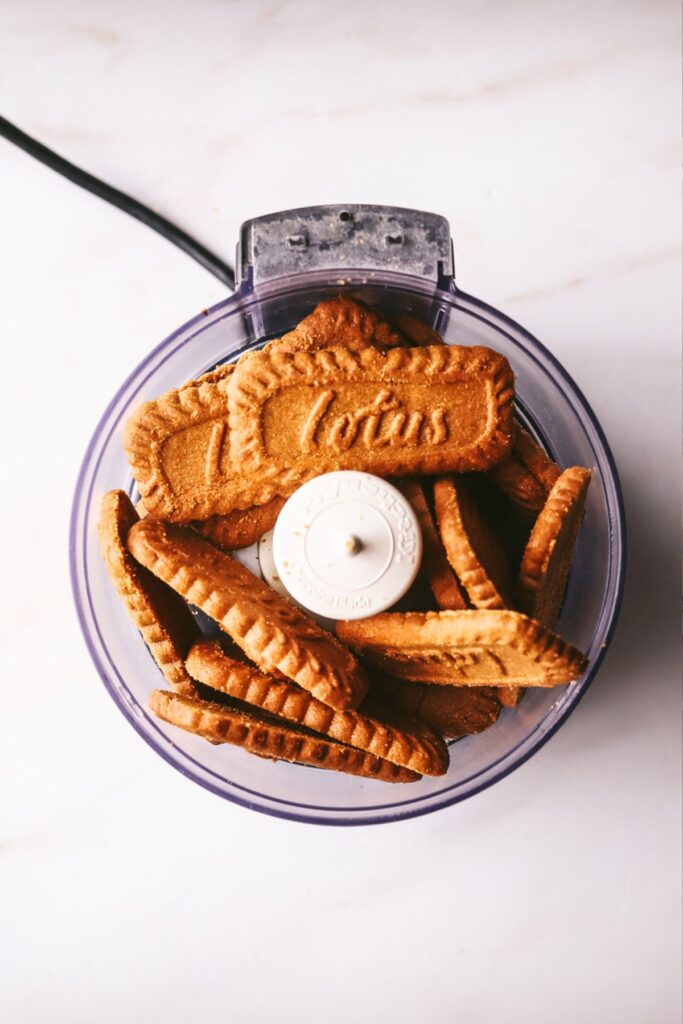 Biscoff lotus cookies in a food processor. 