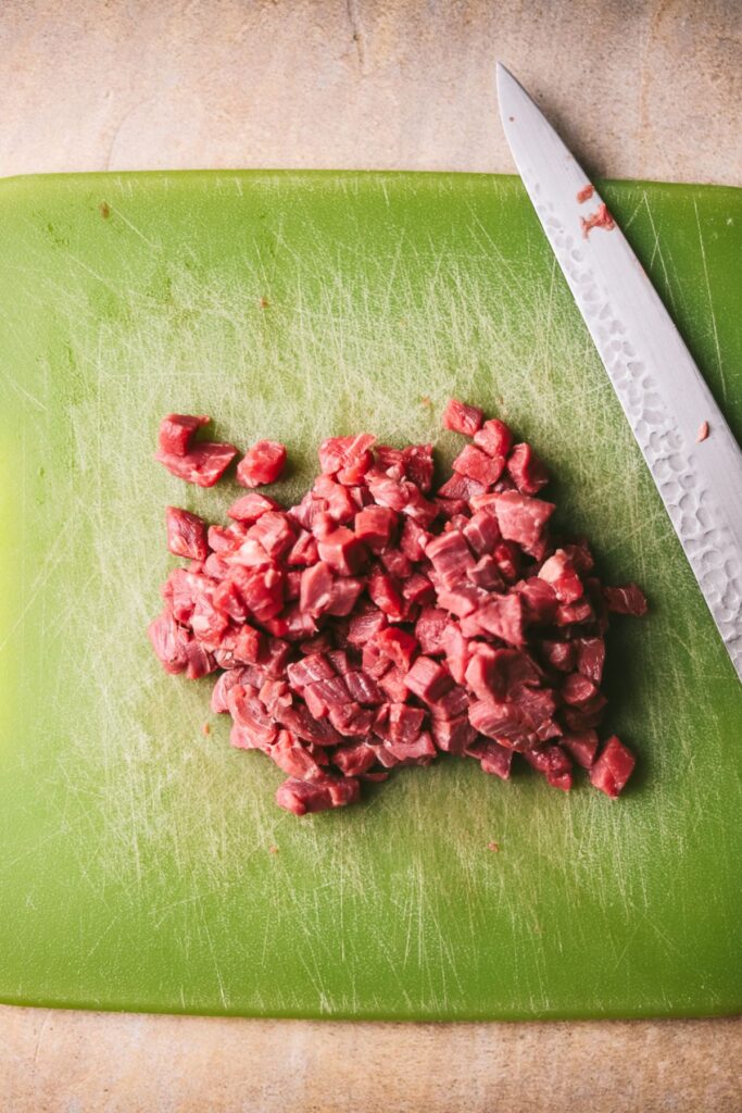 Cubed filet mignon for beef tartare.