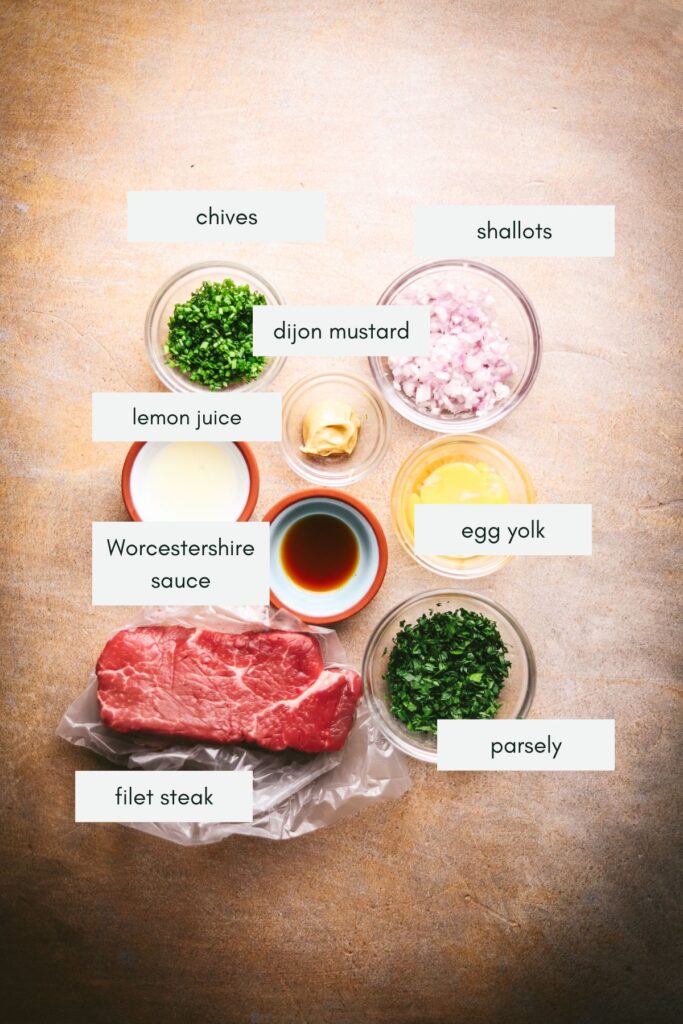 The ingredients for the steak tartare, labeled. 